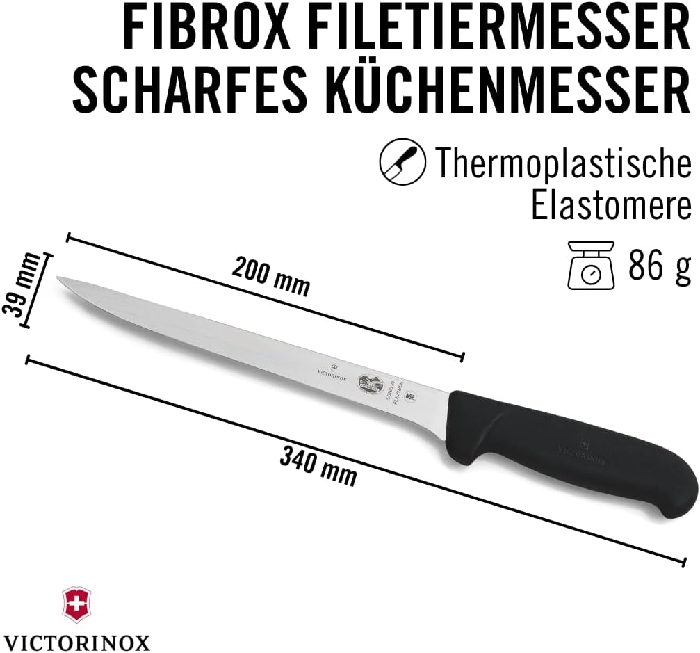 Victorinox Fibrox Filetiermesser, Scharfes Küchenmesser für Fleisch und Fisch, 20 cm, Gerade Klinge,
