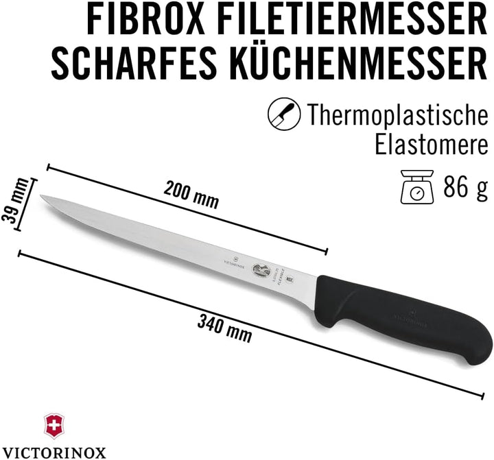 Victorinox Fibrox Filetiermesser, Scharfes Küchenmesser für Fleisch und Fisch, 20 cm, Gerade Klinge,