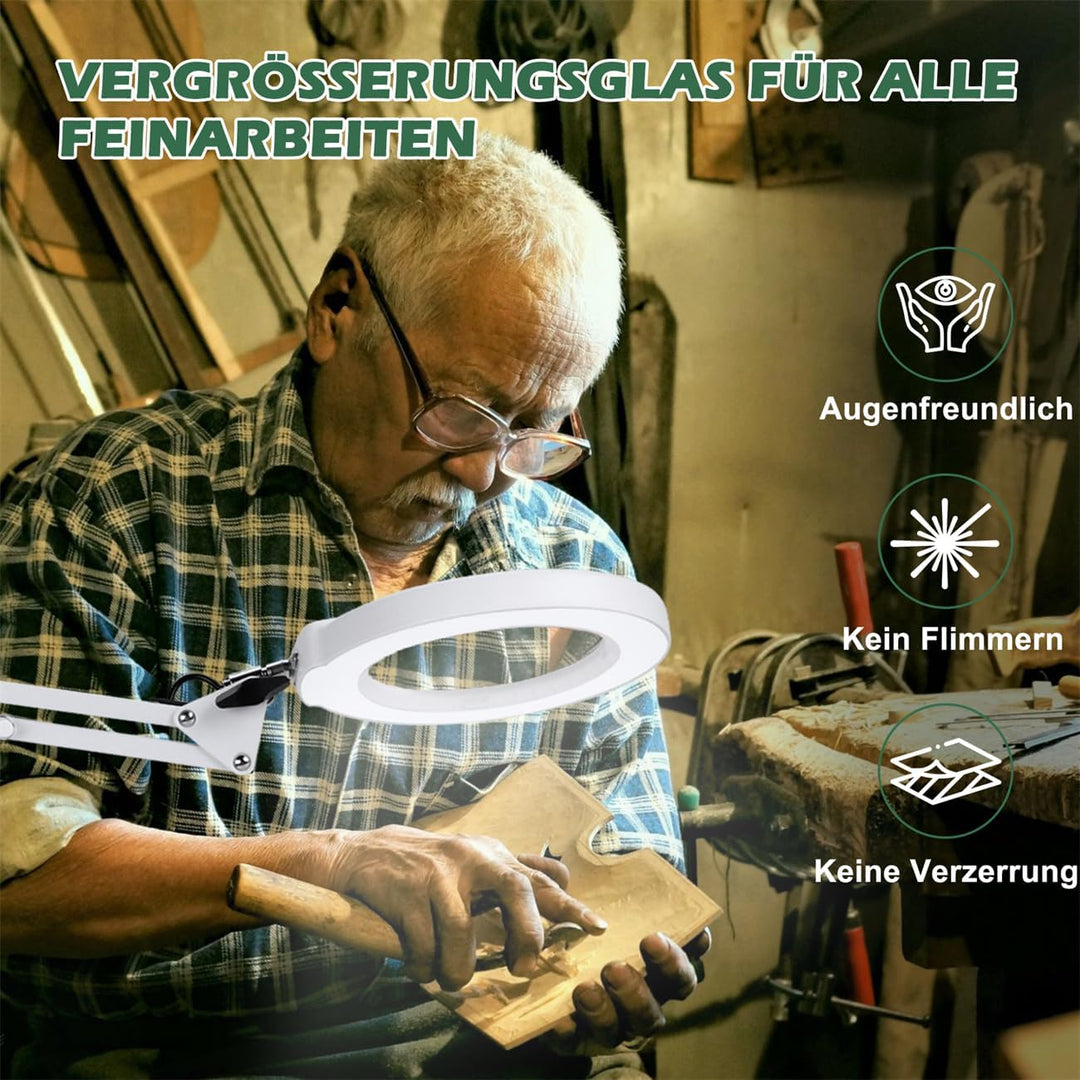 10X Lupe mit Licht und Ständer, Echter Glaslinse 2-in-1 Lupenlampe und Klemme, LED Beleuchtete Lupe