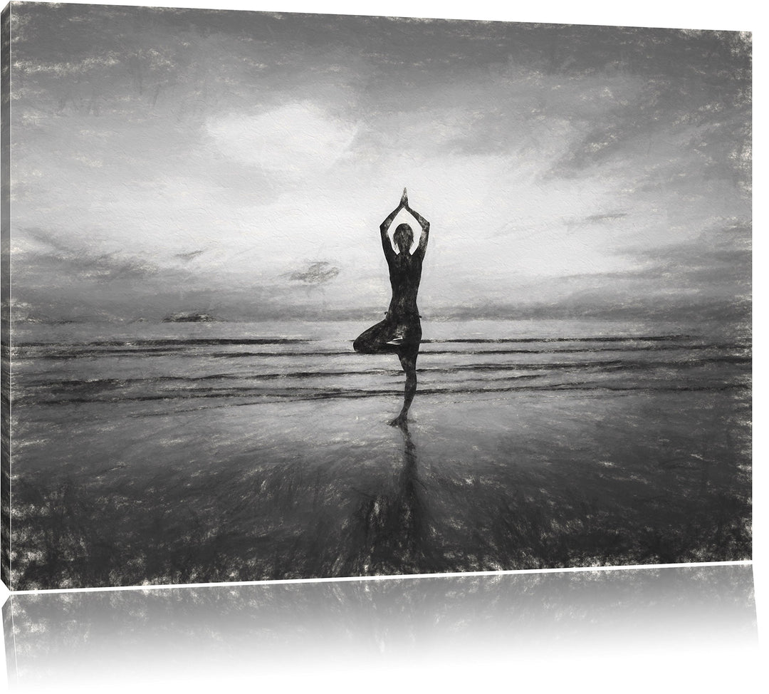 Pixxprint Yoga am Strand Kunst / 100x70cm Leinwandbild bespannt auf Holzrahmen/Wandbild Kunstdruck D