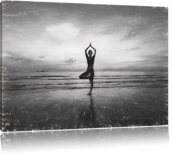 Pixxprint Yoga am Strand Kunst / 100x70cm Leinwandbild bespannt auf Holzrahmen/Wandbild Kunstdruck D