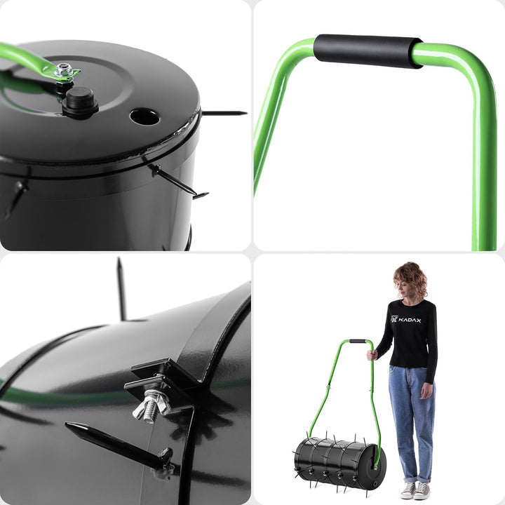 KADAX Rasenlüfter Walze 60 cm, Befüllbar mit Wasser oder Sand, Rasenwalze mit 6 cm Nägeln, Rasenbelü