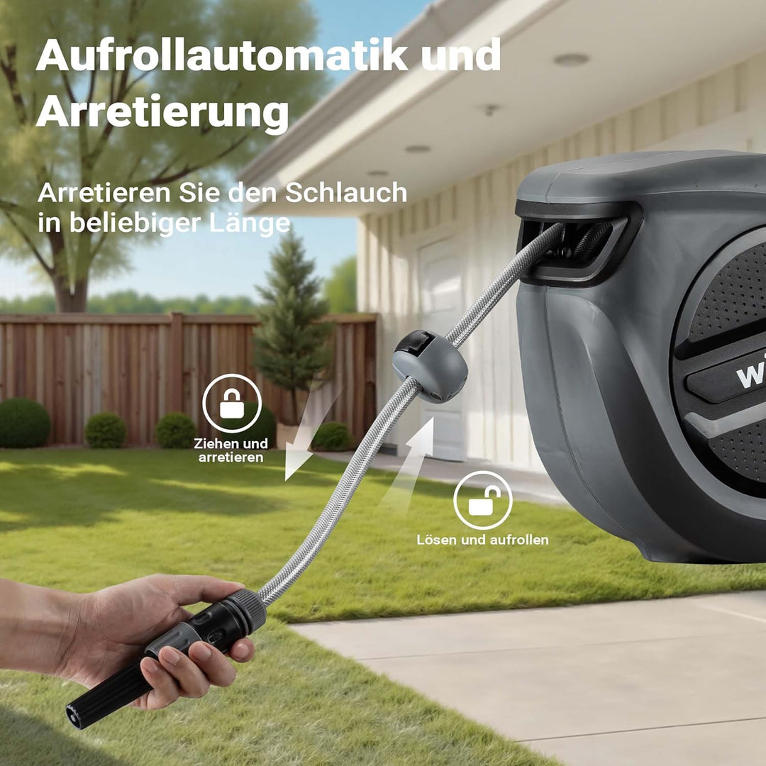 XPOtool Schlauchtrommel, Wand Schlauchbox mit Aufroll-Automatik und 30m Wasserschlauch, Gartenbewäss
