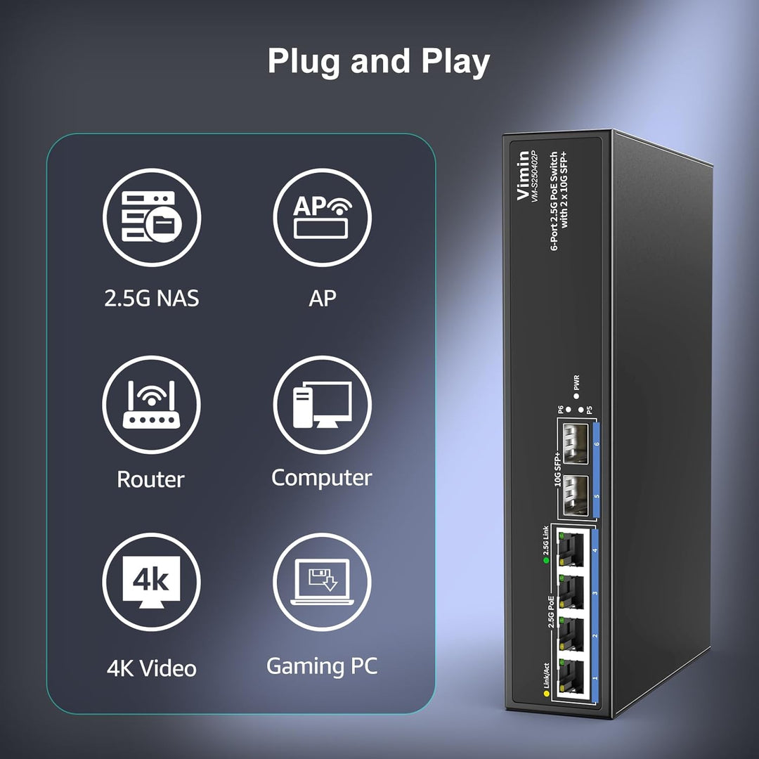 6-Port 2,5G PoE-Switch Unmanaged, 4X 2,5G Base-T PoE-Port+2X 10Gbps SFP+, 4-Port PoE Switch mit 60Gb