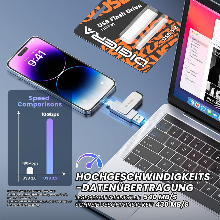 DIGIERA 256 GB 2-in-1-USB-A- und USB-C-Stick, USB 3.2 Gen 1-Stick, 540 MB/s Lese- und 430 MB/s Schre