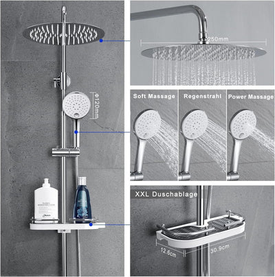 JOHO Edelstahl Regenduschset Duschsystem ohne Armatur, Duschset Duschstange mit Ablage Chrom(Kopfbra