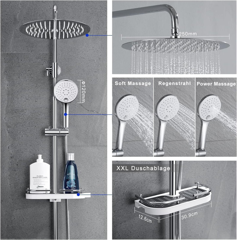 JOHO Edelstahl Regenduschset Duschsystem ohne Armatur, Duschset Duschstange mit Ablage Chrom(Kopfbra