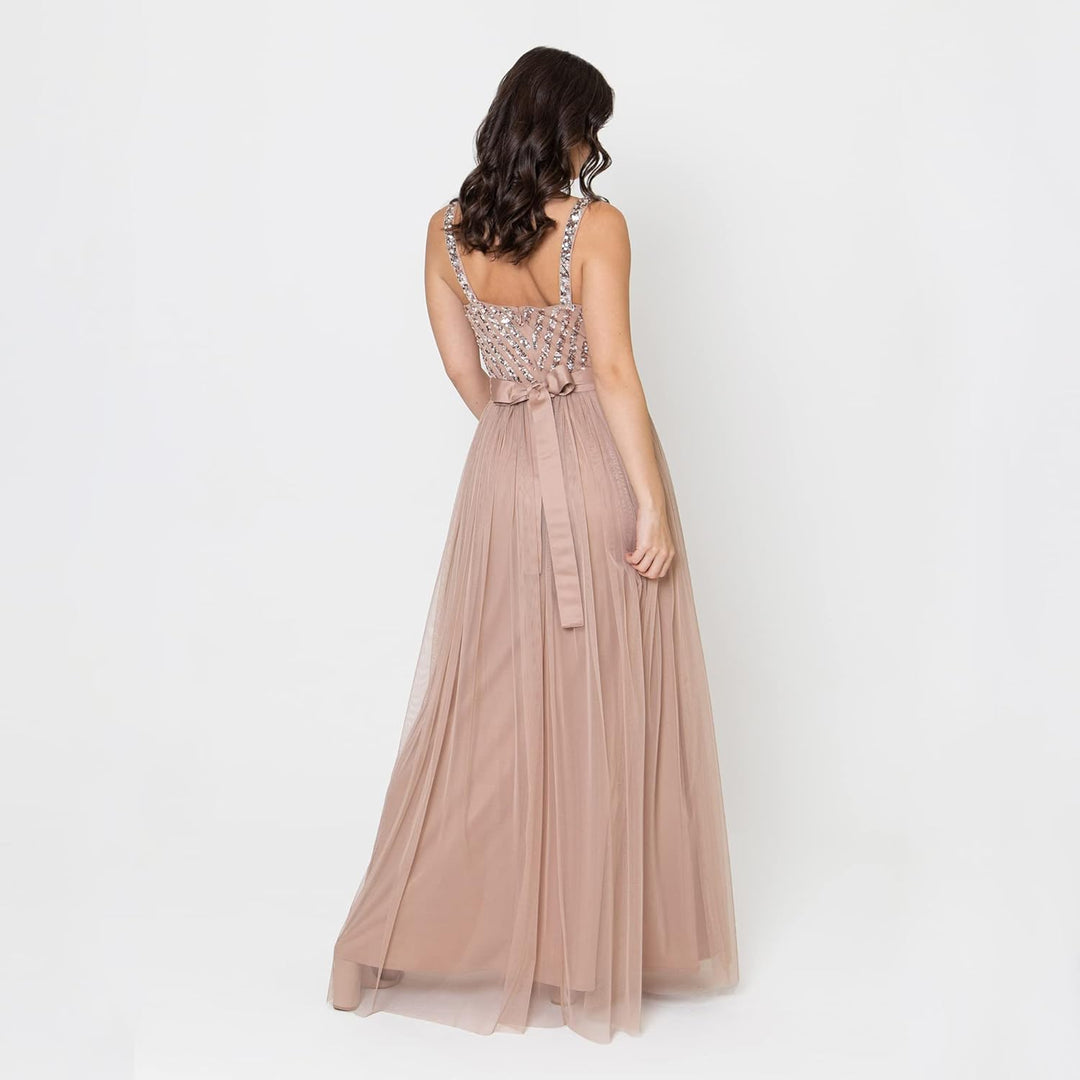 Maya Deluxe Damen Maxi Abendkleid Elegant für Hochzeit mit V-Ausschnitt Tüllkleid Schleife Brautjung