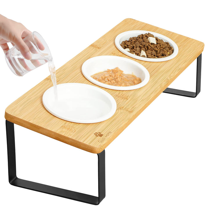 GUUSII HOME Katzennapf Erhöht Futternapf Katze Futterstation, Keramik Napf, Fressnapf 3er Set Holz,