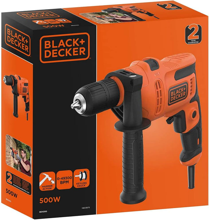 Black+Decker 1-Gang Schlagbohrmaschine (500W, mit 2-tlg. Schnellspannbohrfutter, Rechts-/Linkslauf,