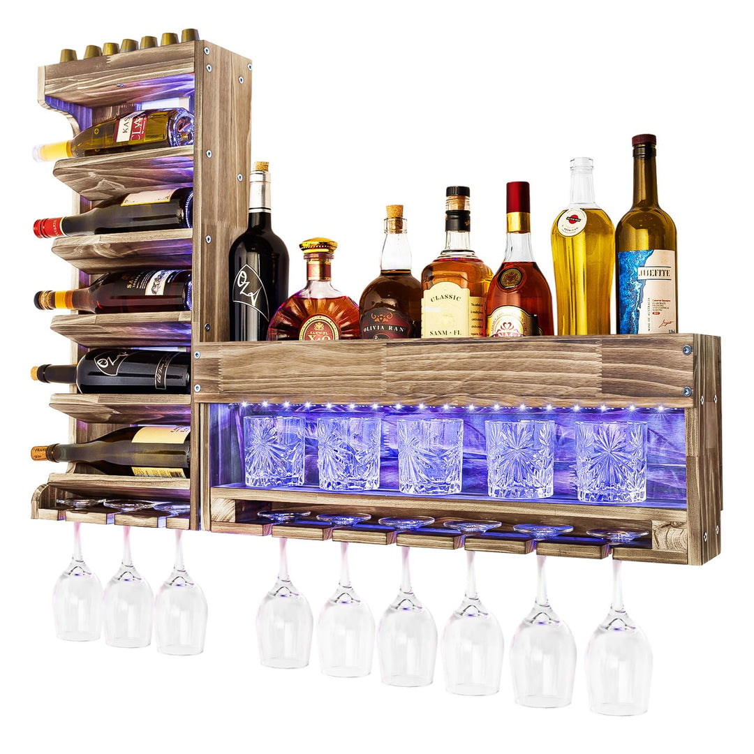 Yorbay Weinregal mit LED-Licht Palette Beflammt Holz, Wandbar mit Korkhalter, für Weingläser, Whisky