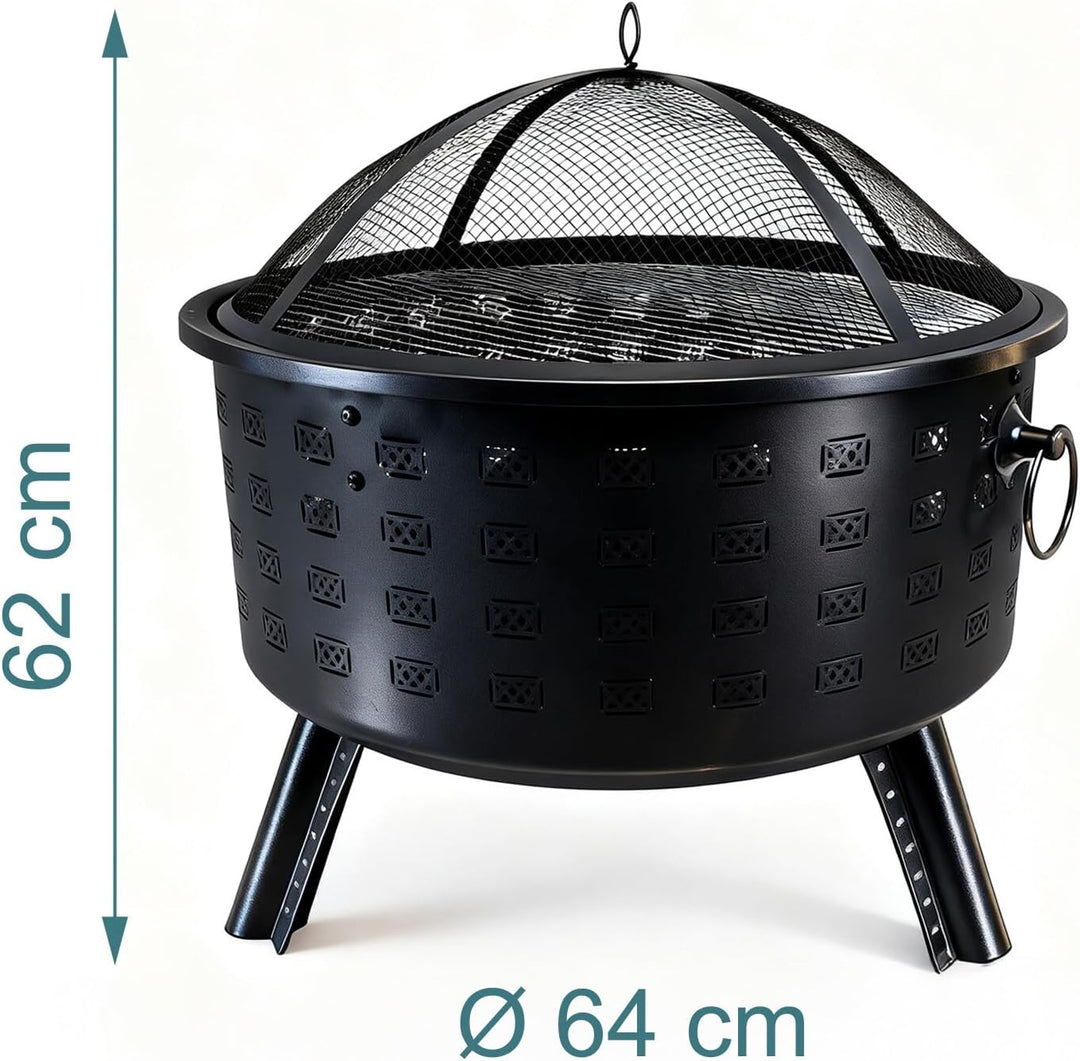 Relaxdays Feuerschale, HxØ 62 x 66 cm, mit Grillrost, Funkenschutz & Schürhaken, Feuerstelle Garten,