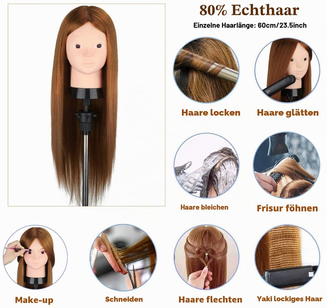 TopDirect 60cm/23.5 Zoll 80% Echthaar Haar Frisierkopf Schminkpuppe Kopf, Bilden Make-up Friseur Übu