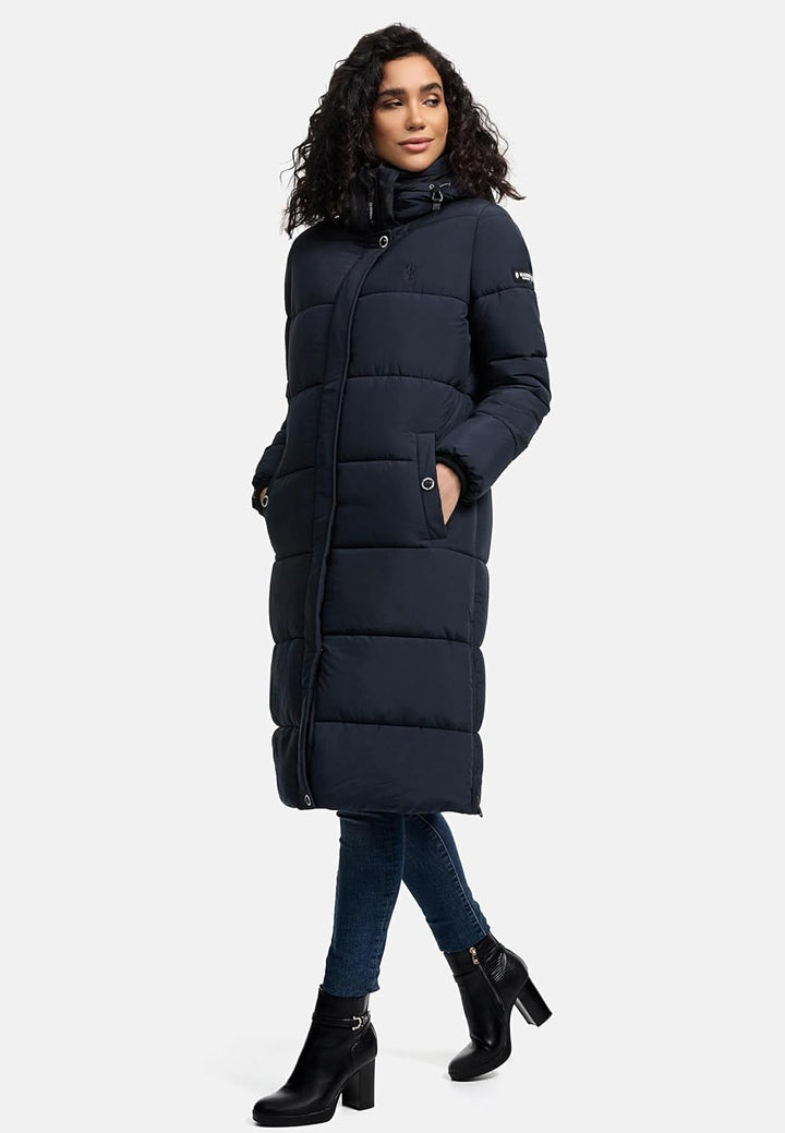 MARIKOO Damen Wintermantel Warmer Steppmantel lang mit Abnehmbarer Kapuze Reliziaa XS-3XL M Navy, M