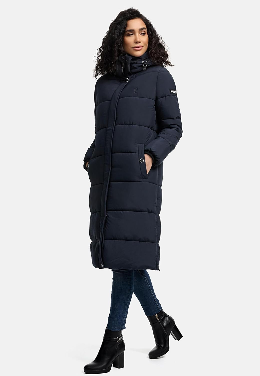 MARIKOO Damen Wintermantel Warmer Steppmantel lang mit Abnehmbarer Kapuze Reliziaa XS-3XL XL Navy, X