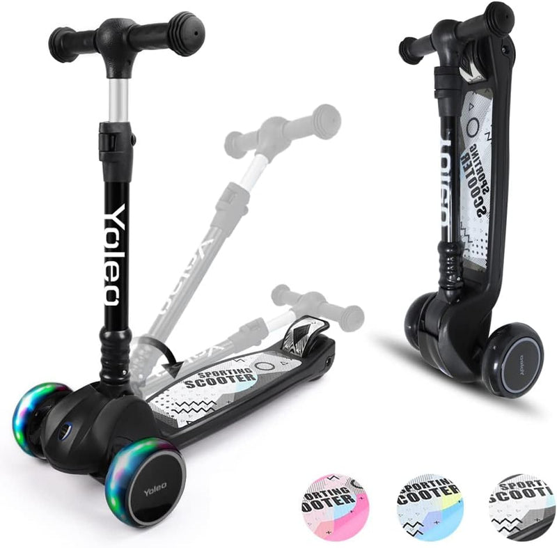 YOLEO Kinderoller Kinderscooter Dreiradscooter mit LED Räder, 2-Rädern Hinterbremsen,4 Höhenverstell