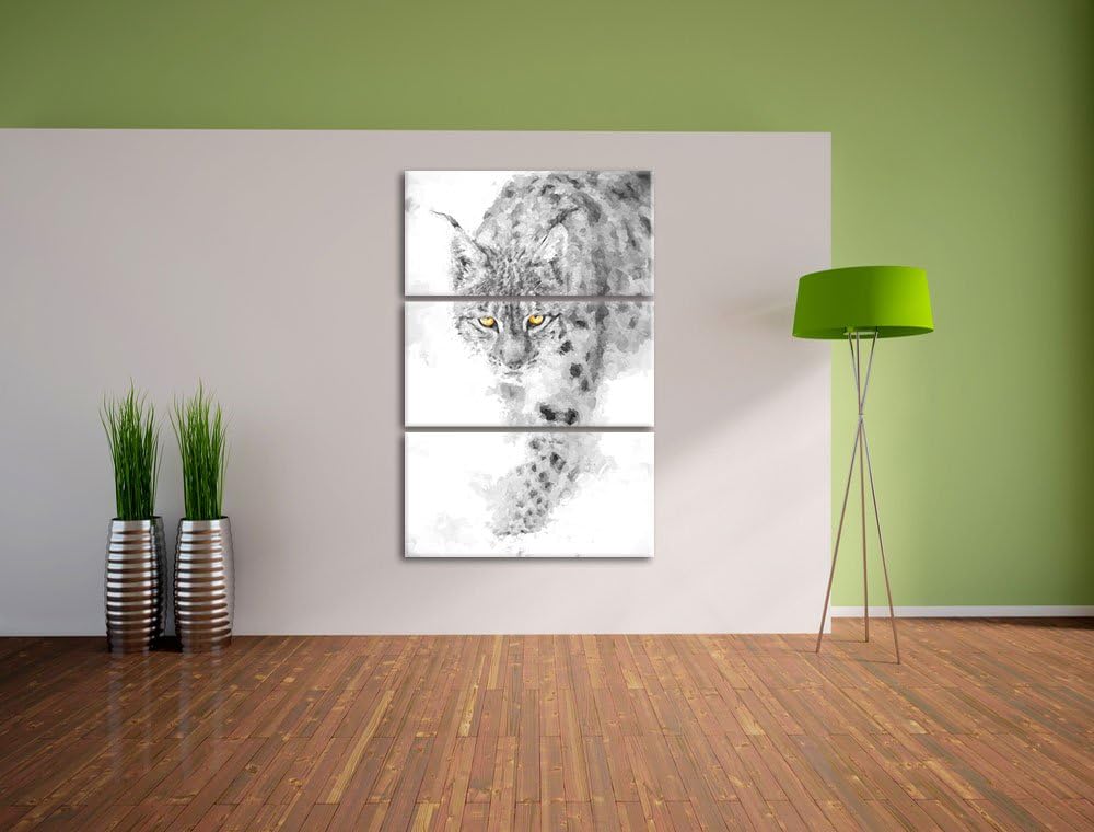 wachsamer Luchs im Schnee schwarz/weiss Deluxe 3-Teiler Leinwandbild 120x80 Bild auf Leinwand, XXL r