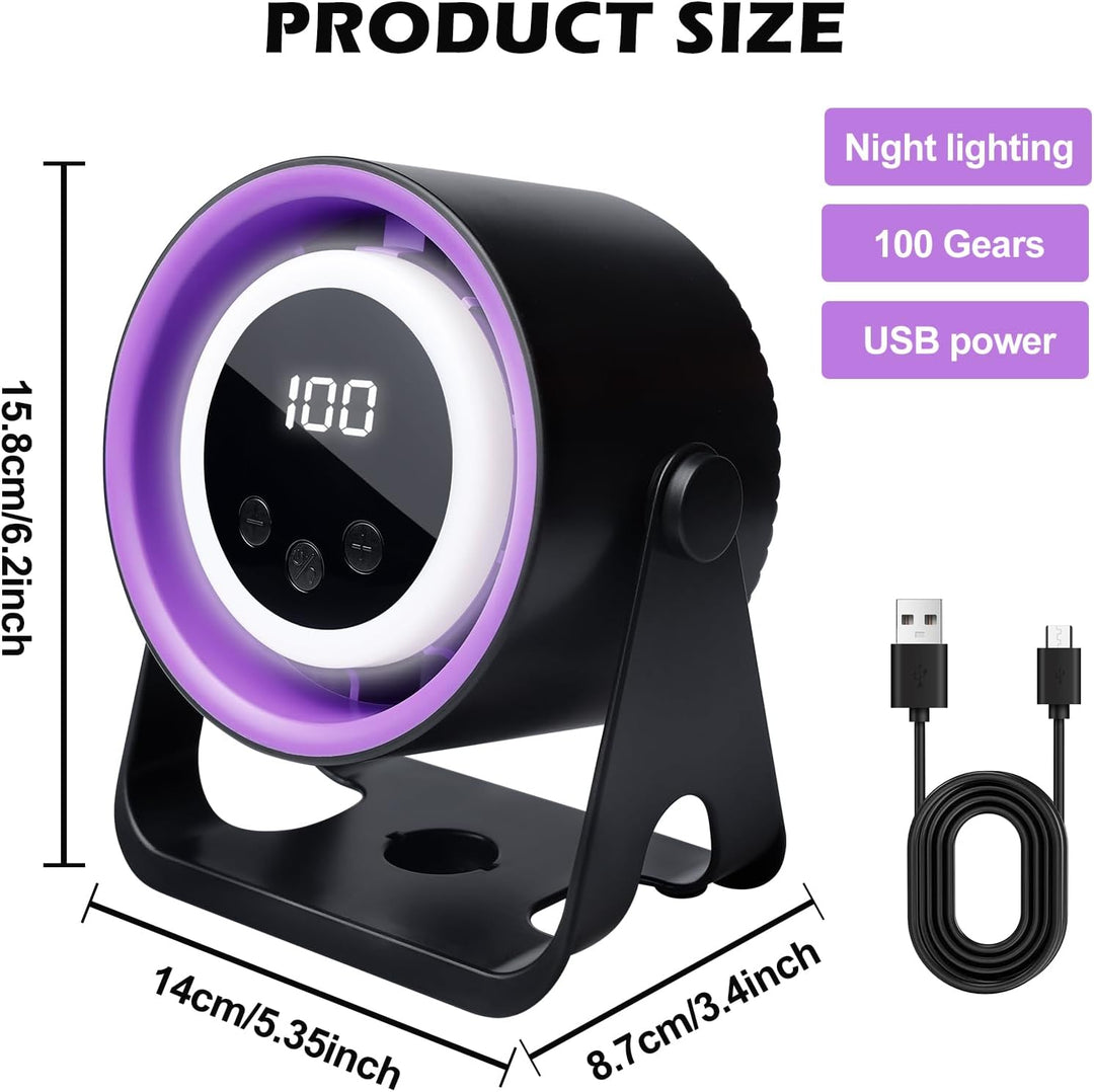 BORDEAG Wiederaufladbarer USB-Ventilator mit Digitalanzeige 100 Geschwindigkeiten, 360° Drehung, Lei