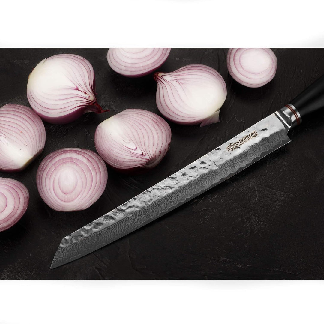 YOUSUNLONG Damaskus-Tranchiermesser mittelgross, Klinge 28,00 cm lang - sehr hochwertiges, sehr scha