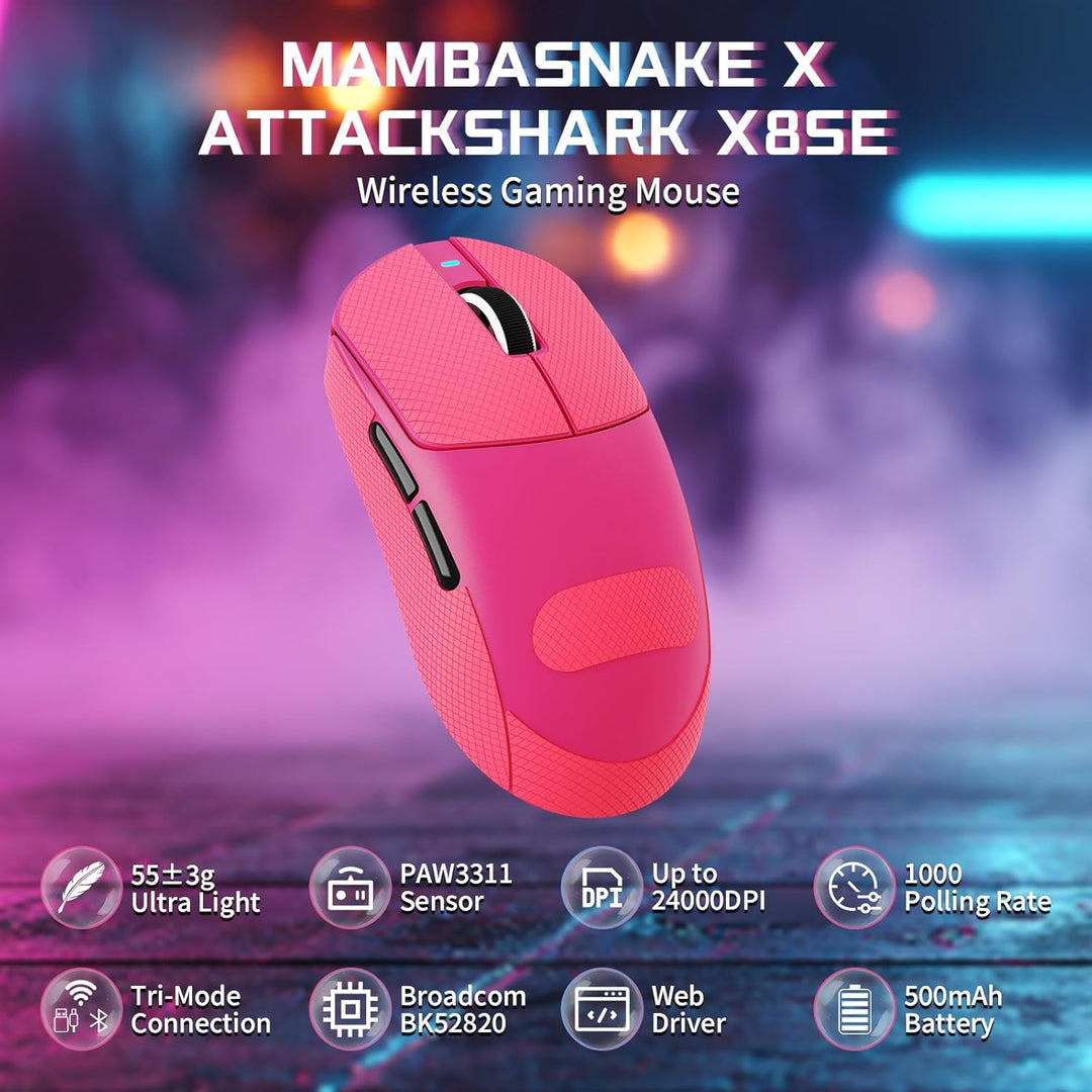 MAMBASNAKE X ATTACK SHARK X8SE 55g ultraleichte kabellose Gaming-Maus mit Band–25000 DPI,PAW3311 Sen