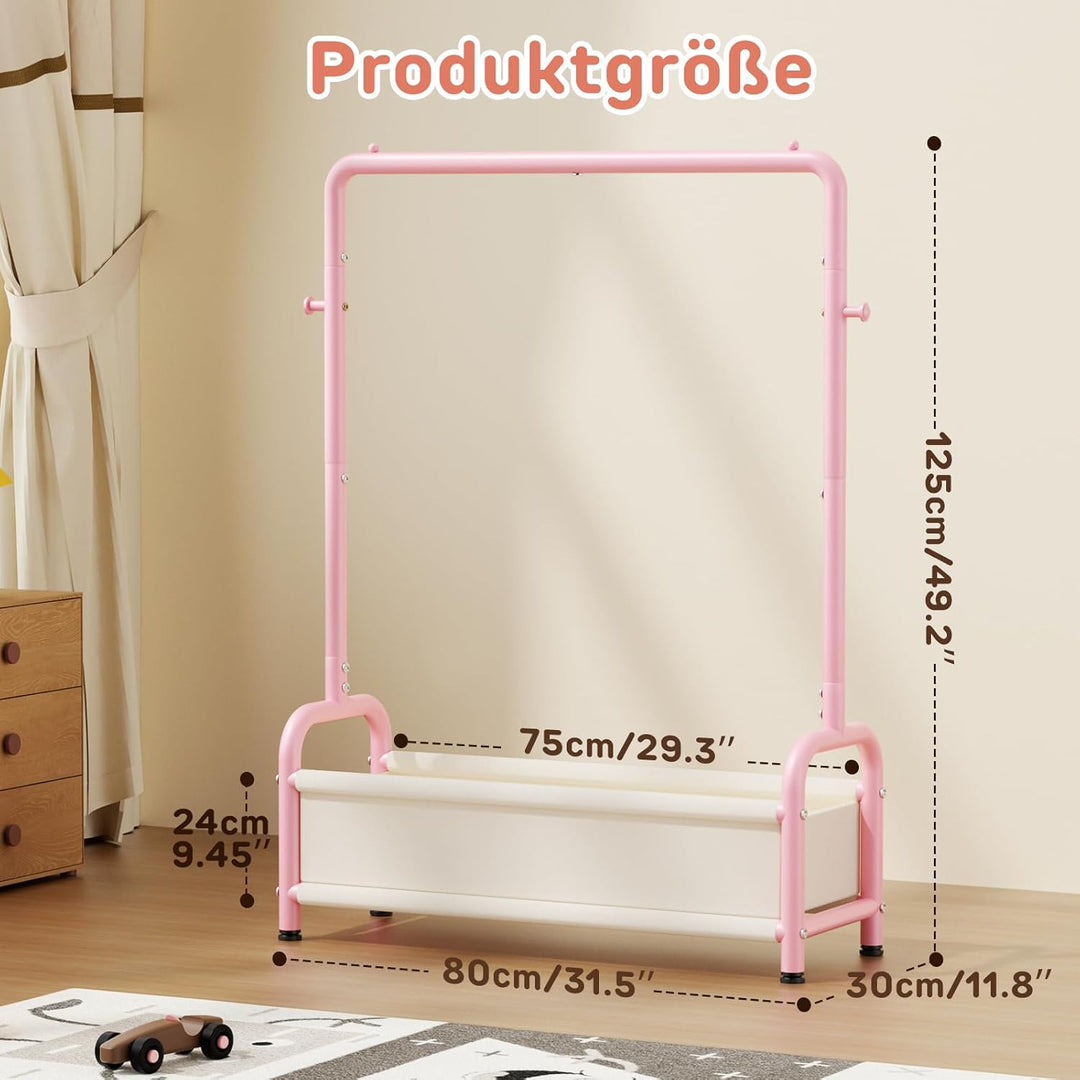 Kinder Garderobe Kleiderständer 80×30×125cm, Kinder Kleiderständer mit 2 Haken + Aufbewahrungskorb,