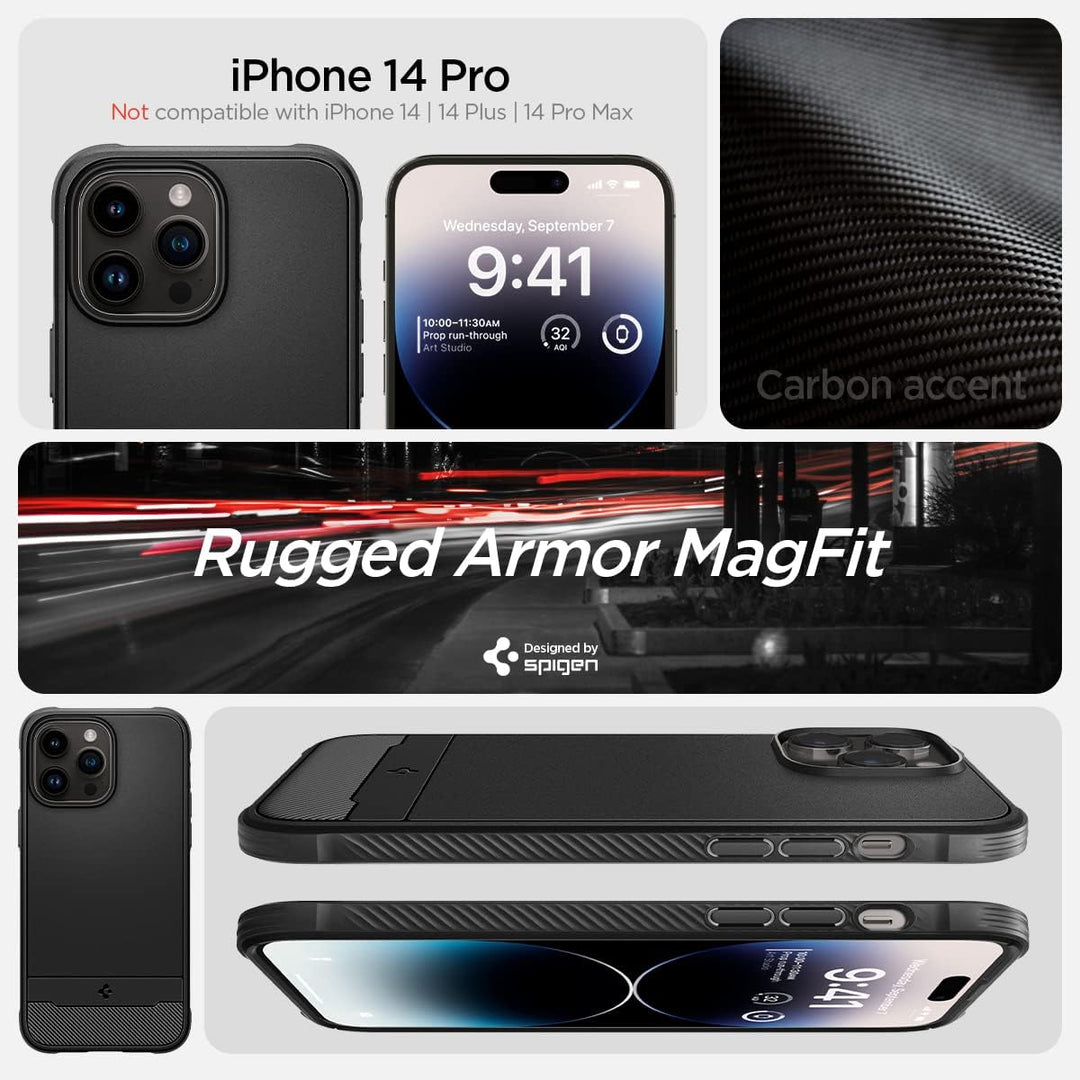 Spigen Rugged Armor MagFit Hülle Kompatibel mit iPhone 14 Pro -Matte Black, Matte Black