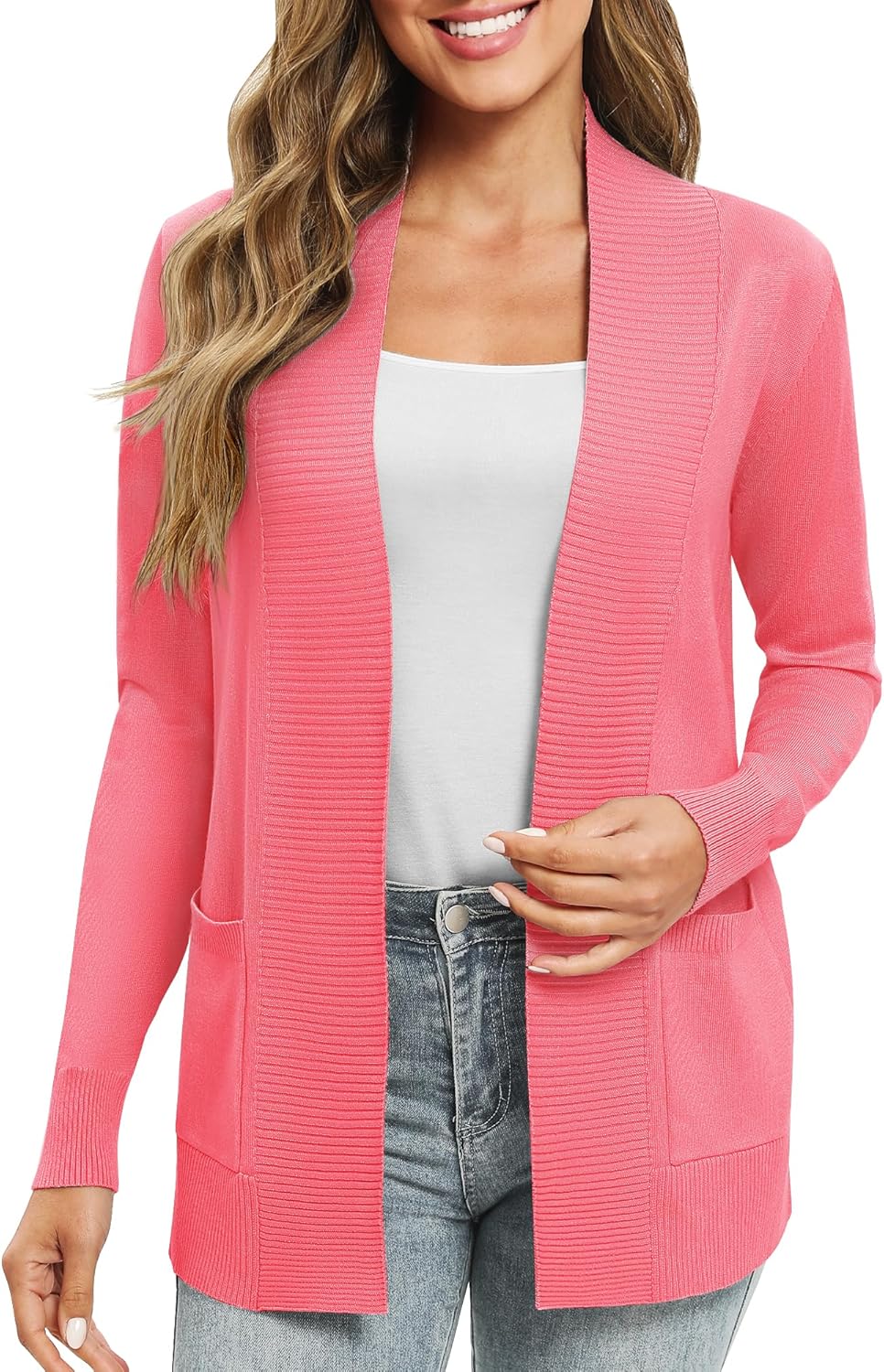 EXCHIC Damen Lange Ärmel Gestrickt Strickjacke Leicht Gemütlich Offene Vorderseite Lange Freizeitjac