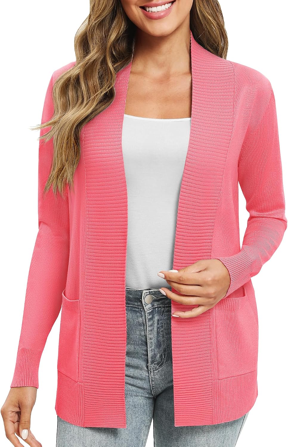 Damen Lange Ärmel Gestrickt Strickjacke Leicht Gemütlich Offene Vorderseite Lange Freizeitjacke mit