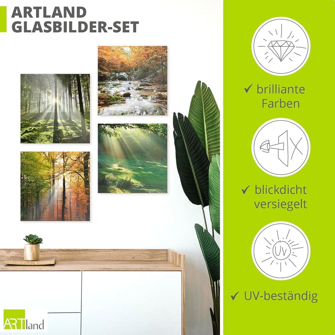 ARTland Glasbild Wandbild Glas Bild 4er Set 4 teilig je 40x40 cm Natur Landschaft Wald Baum Grün Gra