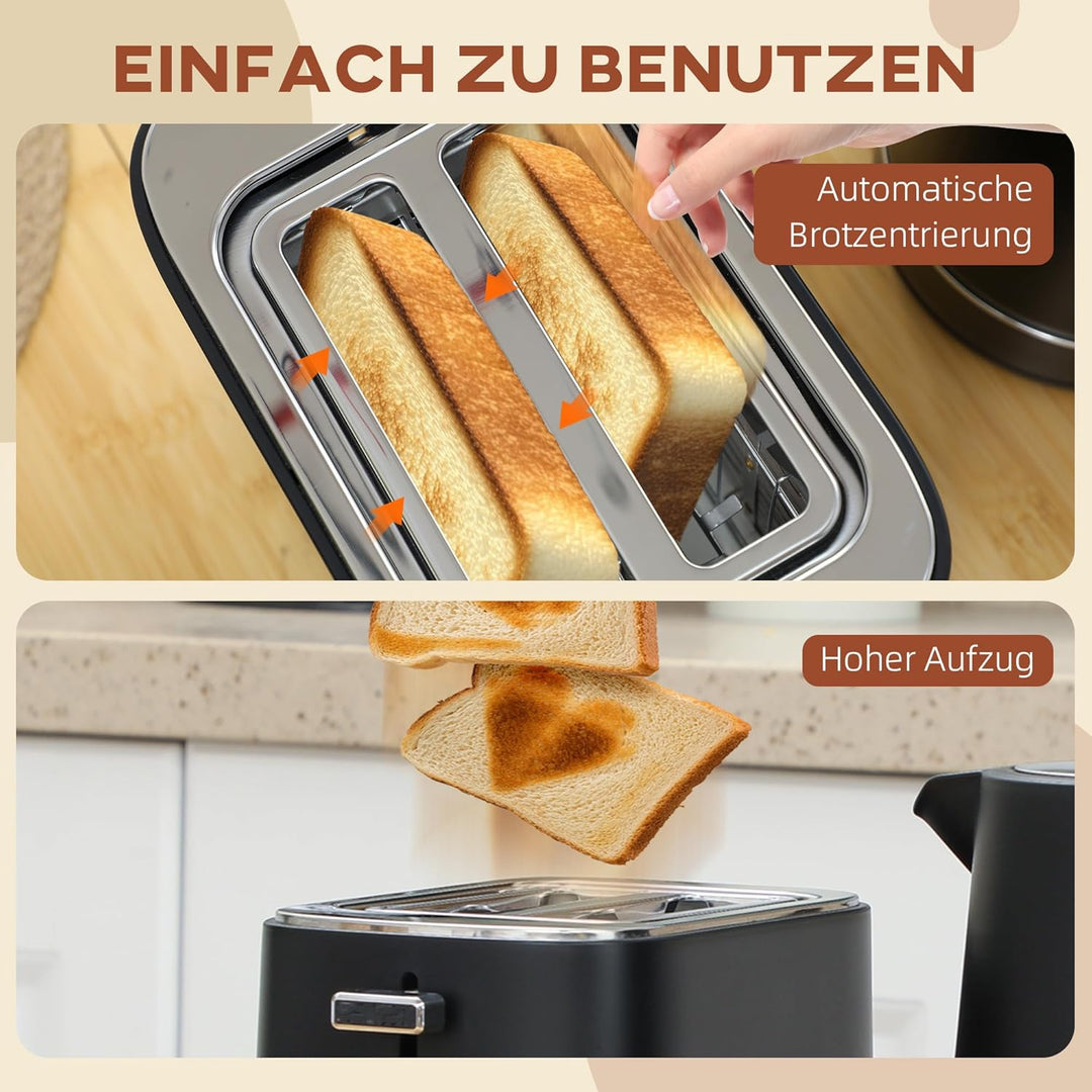 HOMCOM Wasserkocher Toaster Set 2200 W 1,7L Wasserkocher, 2 Scheiben Toaster, 6 Bräunungsstufen, Auf