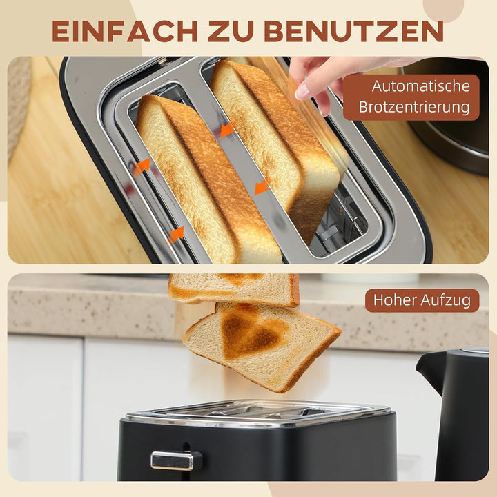 HOMCOM Wasserkocher Toaster Set 2200 W 1,7L Wasserkocher, 2 Scheiben Toaster, 6 Bräunungsstufen, Auf