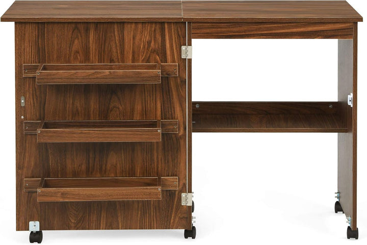 LIFEZEAL Nähmaschinenschrank klappbar, Nähschrank 2 in 1, Schreibtisch Holz mit Haken, Ablage &amp; Roll