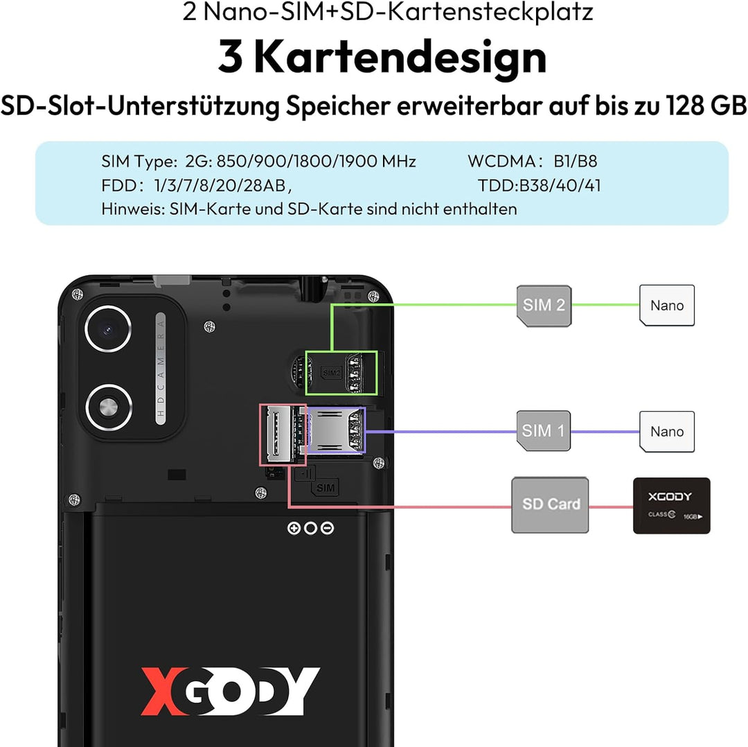 XGODY X32 Handy Ohne Vertrag, 5,5 Zoll Günstig Smartphone 2GB+16GB 128GB Erweiterbar Octa-Core Andro