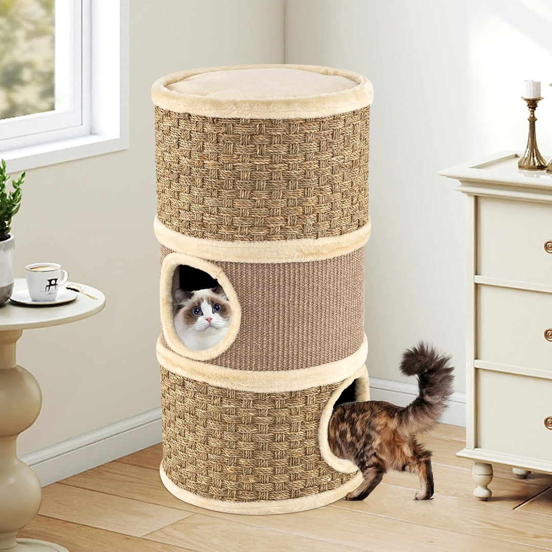 COSTWAY Kratztonne, Ø 36 cm, 70 cm hoch, Katzentonne mit Seegras-Seil, Sisal-Kratzbrett, 3 Höhlen, P