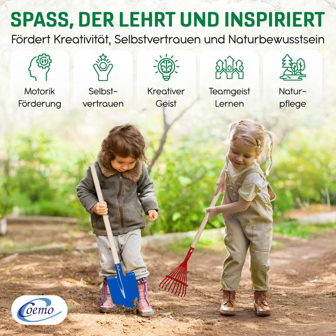 Kinder-Gartenset, Gartengeräte, Set 5-teilig Kinder Schaufel, Besen, Harke, Rechen, Spaten, Laubbese