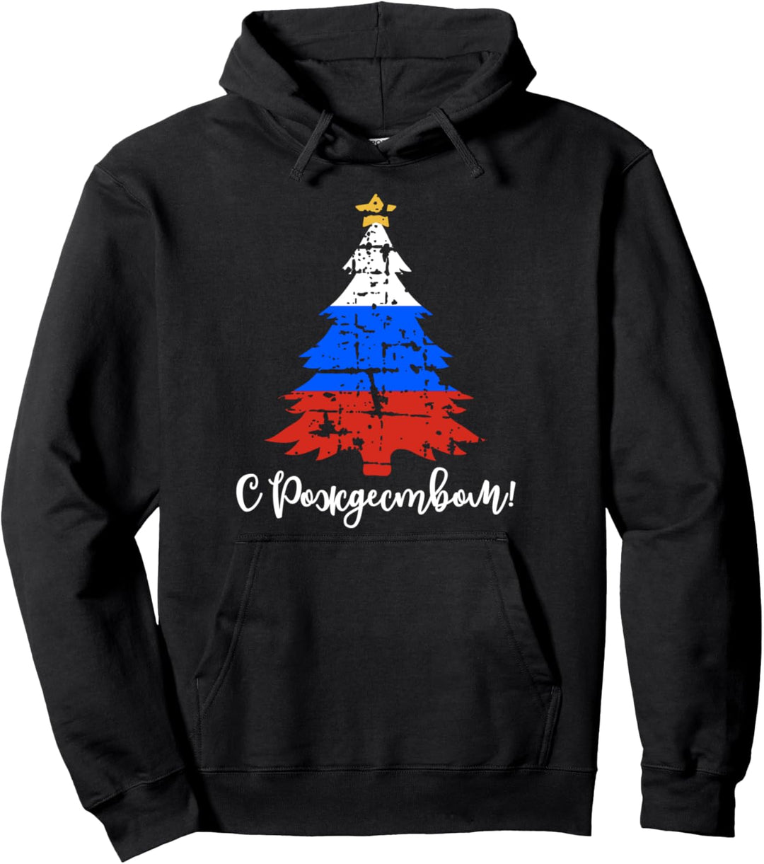 Russland Flagge Frohe Weihnachten Kyrillisch Weihnachtsbaum Pullover Hoodie