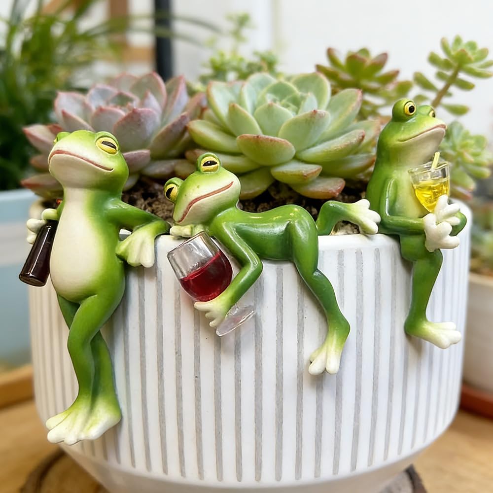3 Stück Frosch Blumentopf Hänger, Frosch Deko Garten, Harz Lustige Figuren Gartendeko, Gartenfigur S