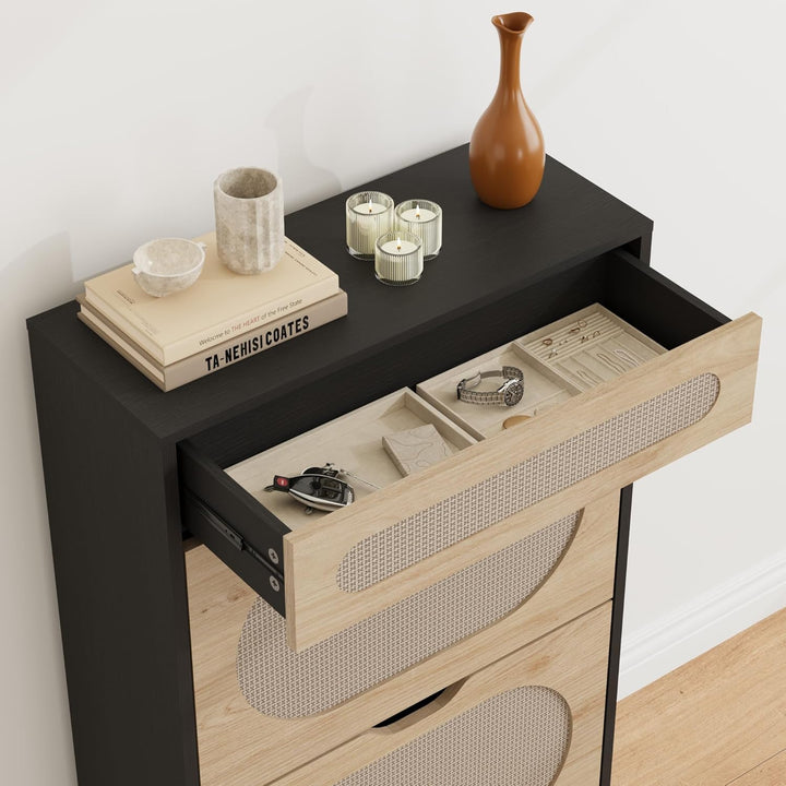 Garvee Schmaler Rattan Schuhschrank aus Holz – 2 Klappfächer + 1 Schublade, Höhenverstellbare Regalb