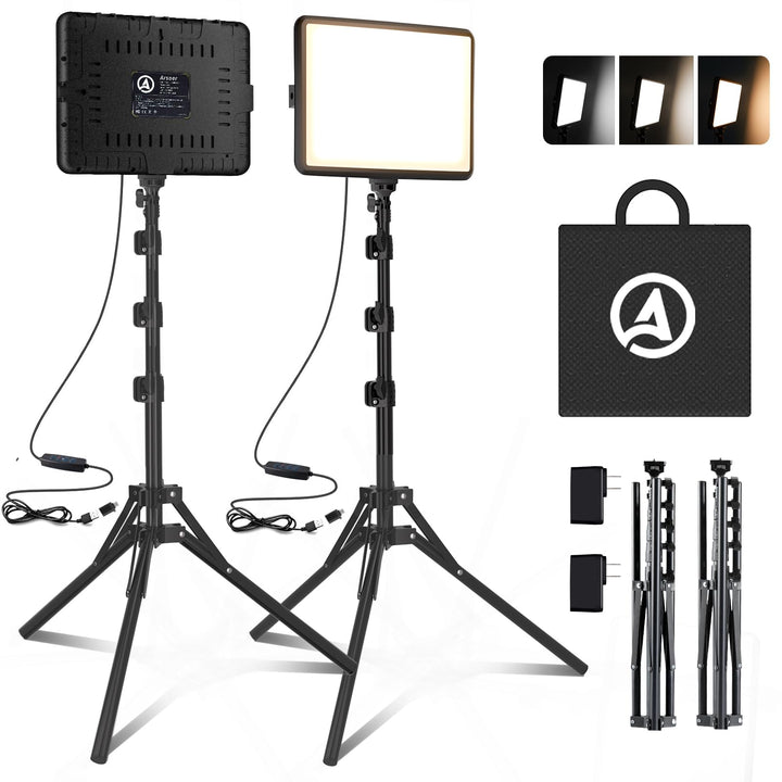 Video Licht Set, 2-Pack 25x20 cm 15 W LED Studio Fotolicht, Dimmbares 2800–6500K Kamera Licht für Vi