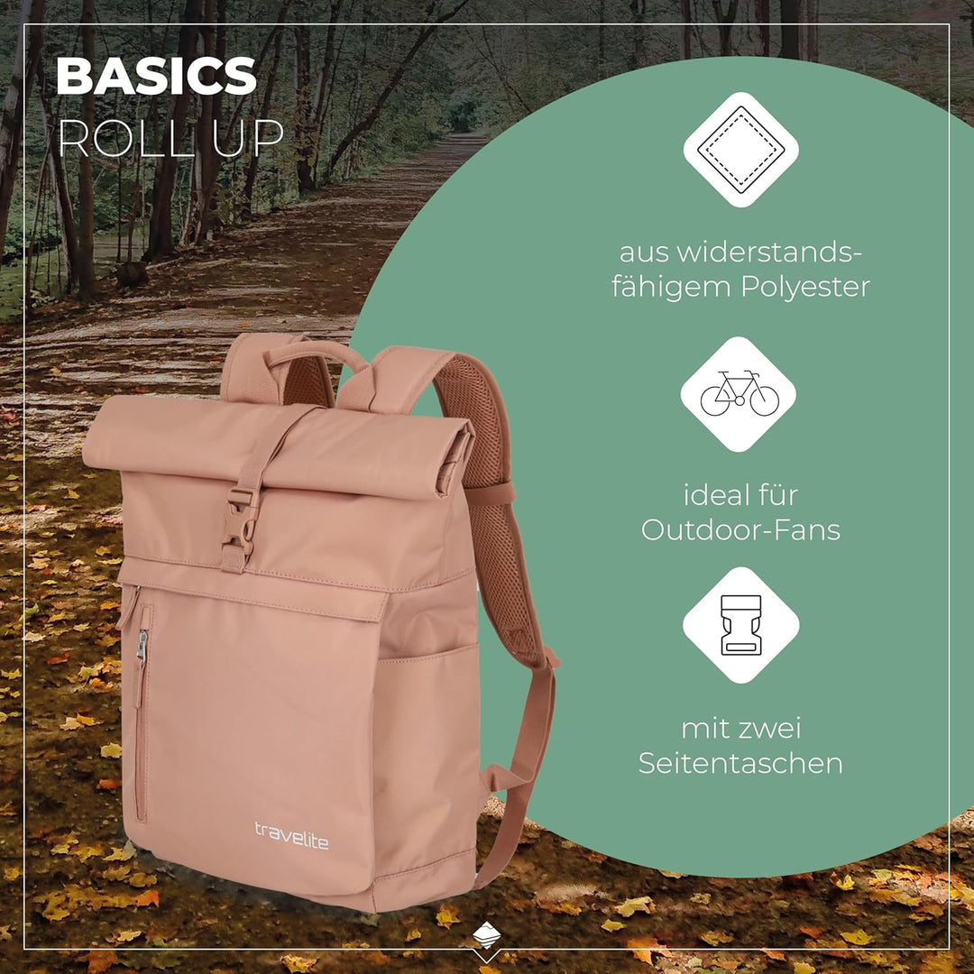 Travelite Handgepäck Rucksack, Laptop Rucksack 15,6 Zoll, BASICS, Reiserucksack Rolltop Funktion, 60