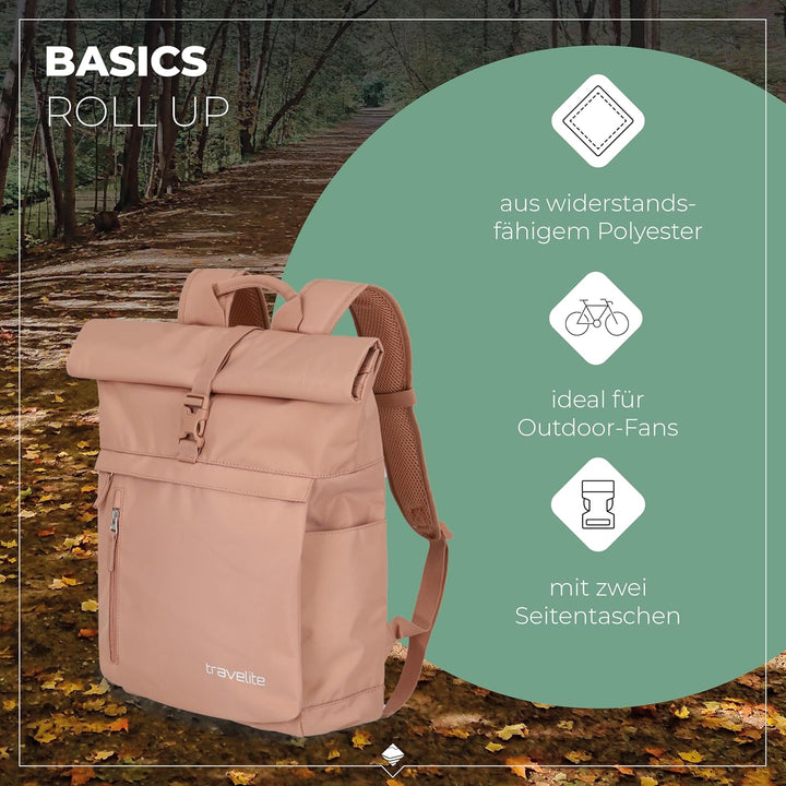 Travelite Handgepäck Rucksack, Laptop Rucksack 15,6 Zoll, BASICS, Reiserucksack Rolltop Funktion, 60