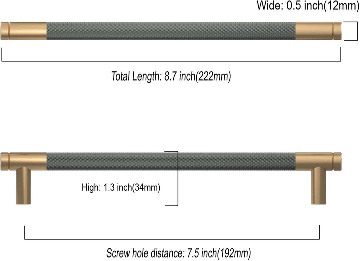 Amerdeco 10 Stück Gerändelte Schrankgriffe Goldgrau Griffe Möbel Möbelgriffe 192mm Lochabstand Türgr