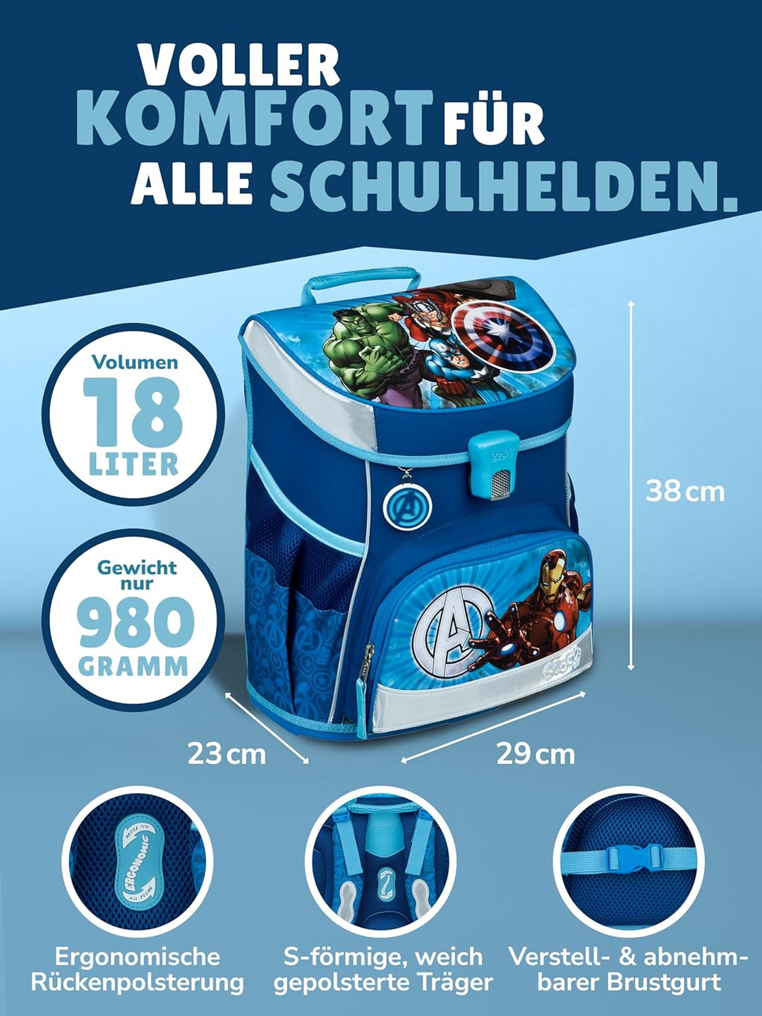 Familando - Scooli Campus Fit Schulranzen Set - 10-teilig mit Schultüte - Marvel Avengers Hell-Blau