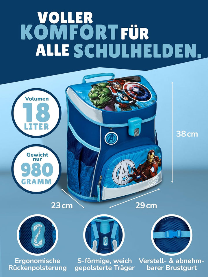 Familando - Scooli Campus Fit Schulranzen Set - 10-teilig mit Schultüte - Marvel Avengers Hell-Blau