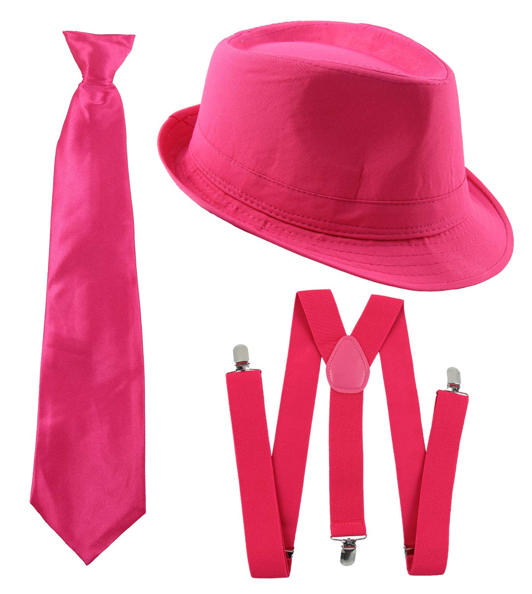 Foxxeo Gangster Kostüm Set für Damen &amp; Herren I Hut - Hosenträger - Krawatte I Pink I 1920er Mafia A