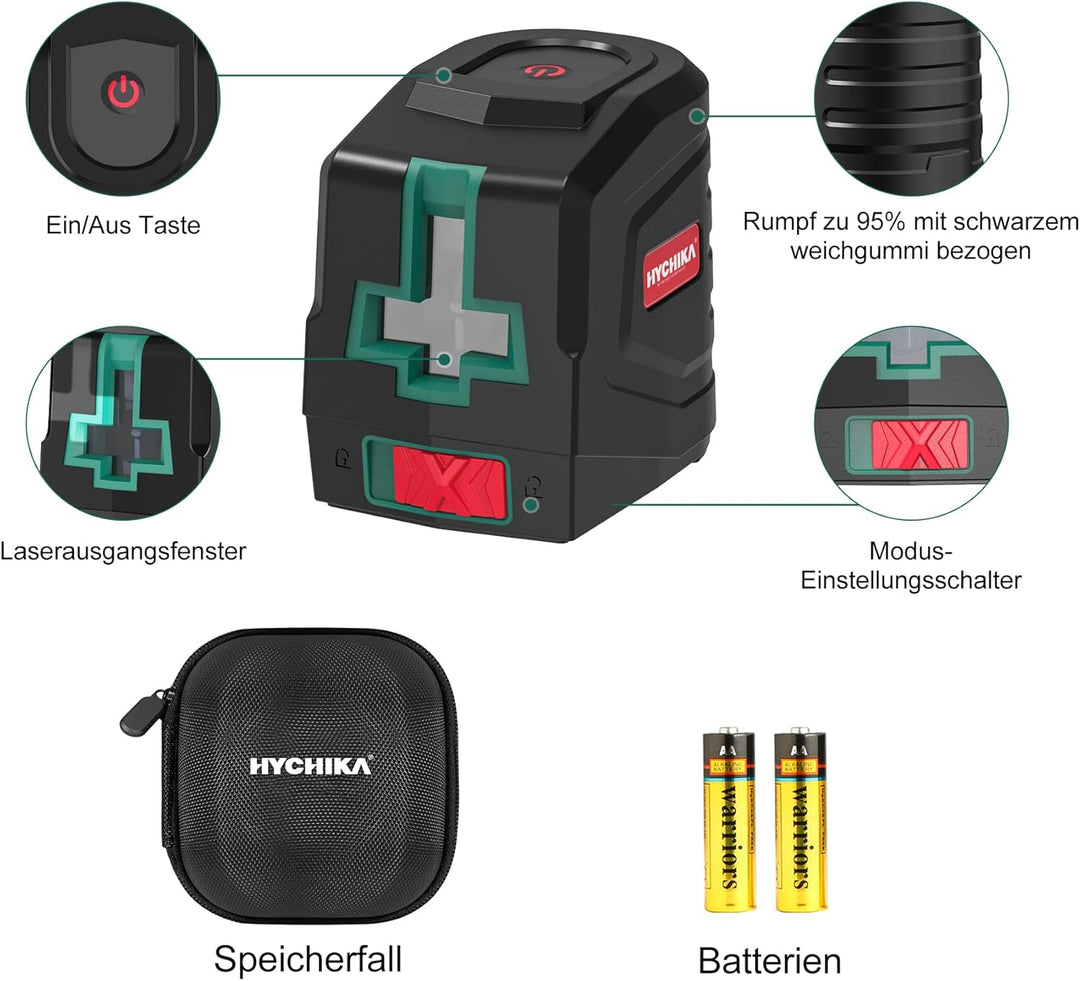 HYCHIKA Kreuzlinienlaser Grün, Horizontaler und Vertikaler Laser-Wasserwaage, Linienlaser inkl. Trag