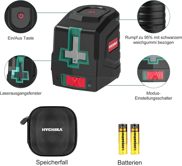 HYCHIKA Kreuzlinienlaser Grün, Horizontaler und Vertikaler Laser-Wasserwaage, Linienlaser inkl. Trag