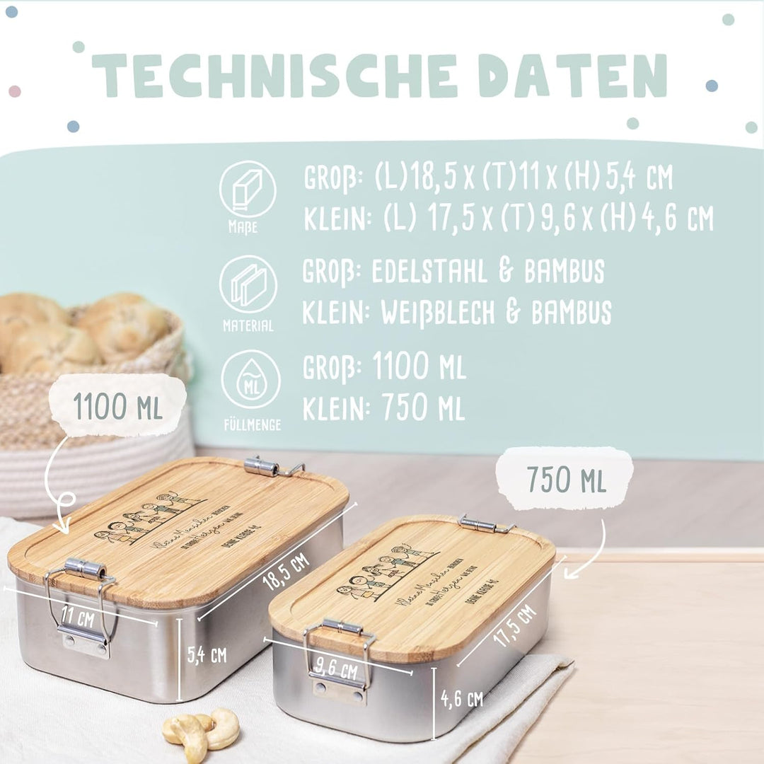 Personalisierte Lunchbox für Erzieherin, Lehrerin mit individueller Gravur - Brotdose mit Bambusdeck