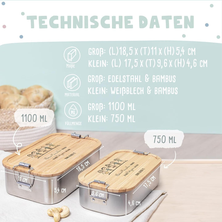Personalisierte Lunchbox für Erzieherin, Lehrerin mit individueller Gravur - Brotdose mit Bambusdeck