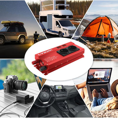 Spannungswandler 12V 230V 1000W/2000W Wechselrichter mit 2 Steckdose und 4 USB LED Spannungsanzeige
